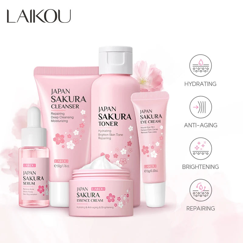 Kit de Cuidados com a Pele LAIKOU Japão Sakura - Sérum, Creme Rejuvenescedor e Hidratante, 5 Peças