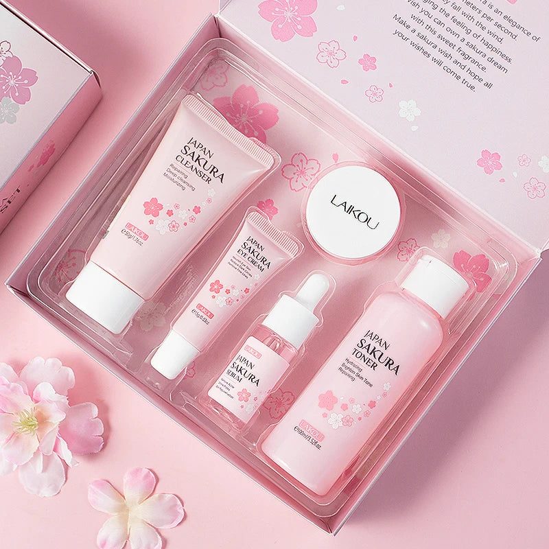 Kit de Cuidados com a Pele LAIKOU Japão Sakura - Sérum, Creme Rejuvenescedor e Hidratante, 5 Peças